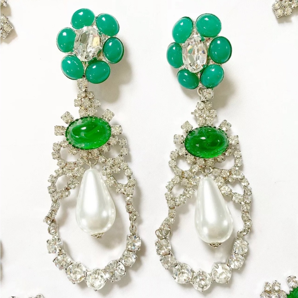 Moans Couture Emerald Glass and Rhinestone Earrings